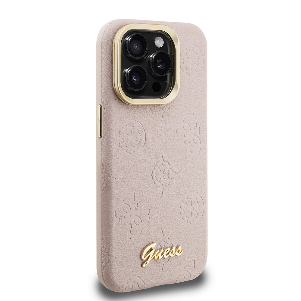 Guess iPhone 15 Pro Max Orjinal Lisanslı Magsafe Sıcak Baskılı Yazı Logolu Kamera Standlı PU Deri Peony Telefon Kılıfı
