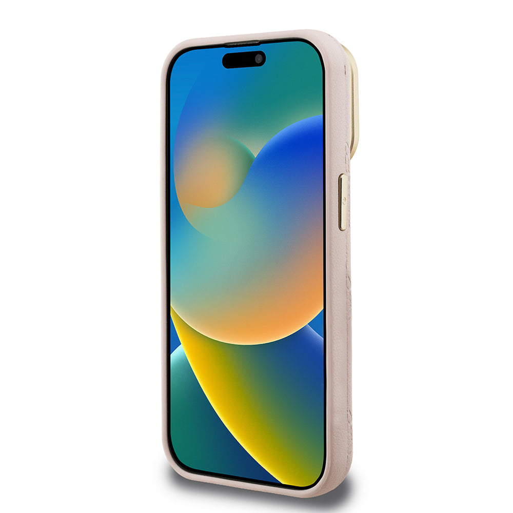 Guess iPhone 15 Pro Max Orjinal Lisanslı Magsafe Sıcak Baskılı Yazı Logolu Kamera Standlı PU Deri Peony Telefon Kılıfı