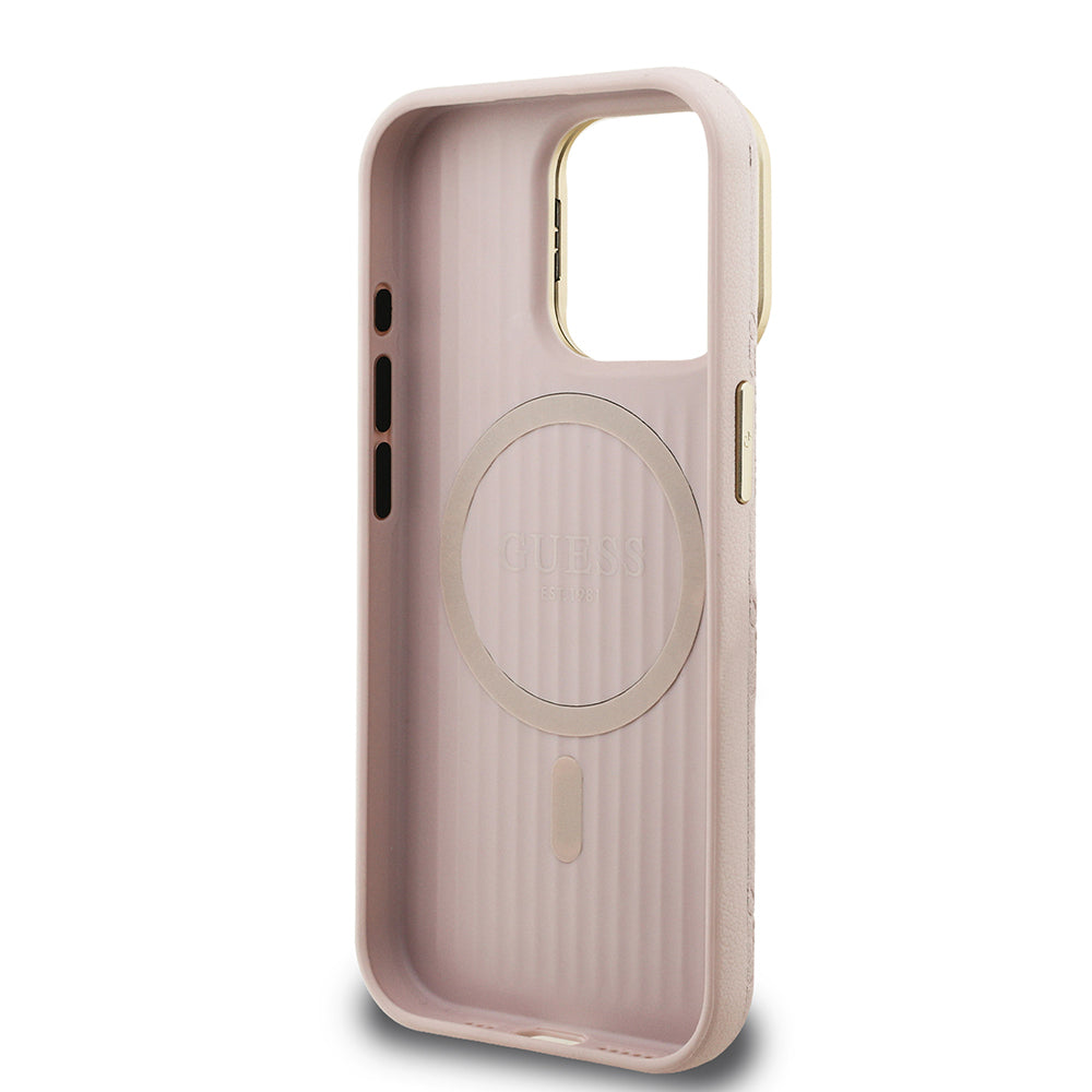 Guess iPhone 15 Pro Max Orjinal Lisanslı Magsafe Sıcak Baskılı Yazı Logolu Kamera Standlı PU Deri Peony Telefon Kılıfı