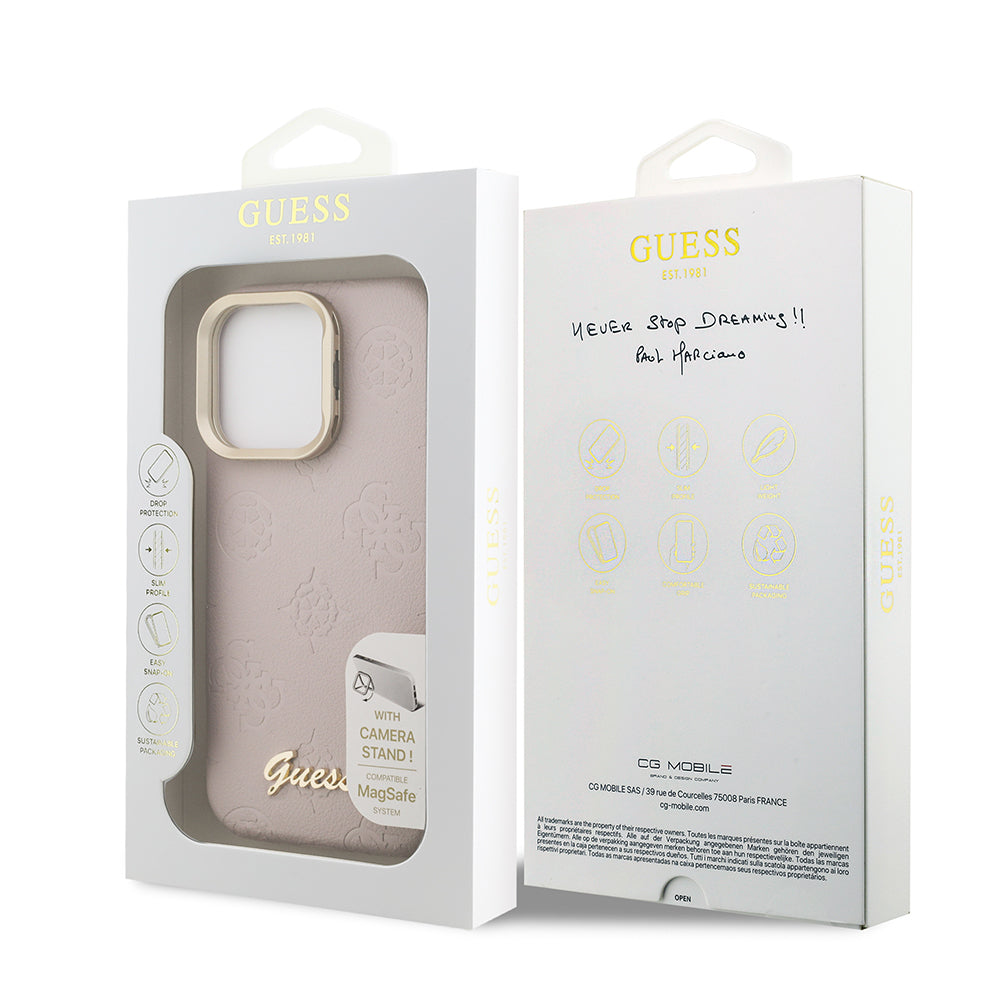 Guess iPhone 15 Pro Max Orjinal Lisanslı Magsafe Sıcak Baskılı Yazı Logolu Kamera Standlı PU Deri Peony Telefon Kılıfı