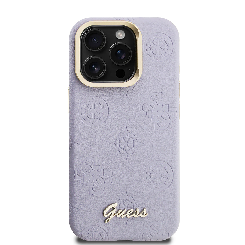 Guess iPhone 15 Pro Max Orjinal Lisanslı Magsafe Sıcak Baskılı Yazı Logolu Kamera Standlı PU Deri Peony Telefon Kılıfı
