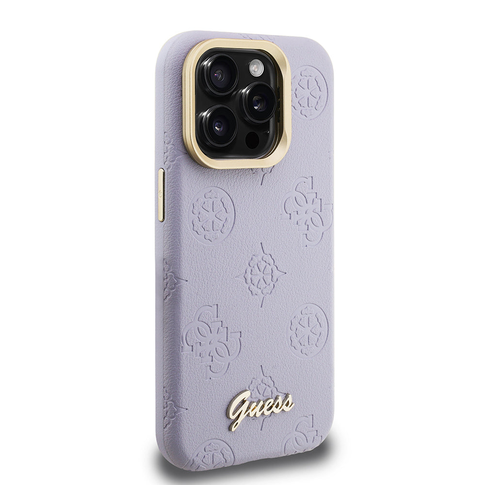 Guess iPhone 15 Pro Max Orjinal Lisanslı Magsafe Sıcak Baskılı Yazı Logolu Kamera Standlı PU Deri Peony Telefon Kılıfı