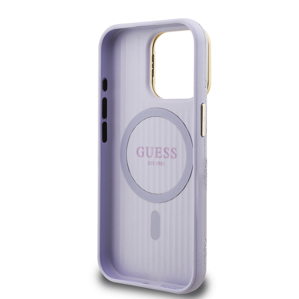 Guess iPhone 15 Pro Max Orjinal Lisanslı Magsafe Sıcak Baskılı Yazı Logolu Kamera Standlı PU Deri Peony Telefon Kılıfı