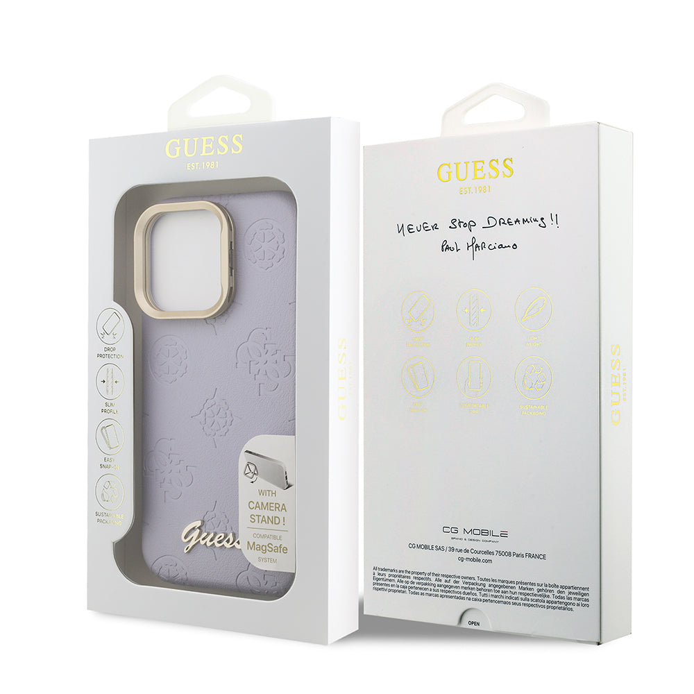 Guess iPhone 15 Pro Max Orjinal Lisanslı Magsafe Sıcak Baskılı Yazı Logolu Kamera Standlı PU Deri Peony Telefon Kılıfı