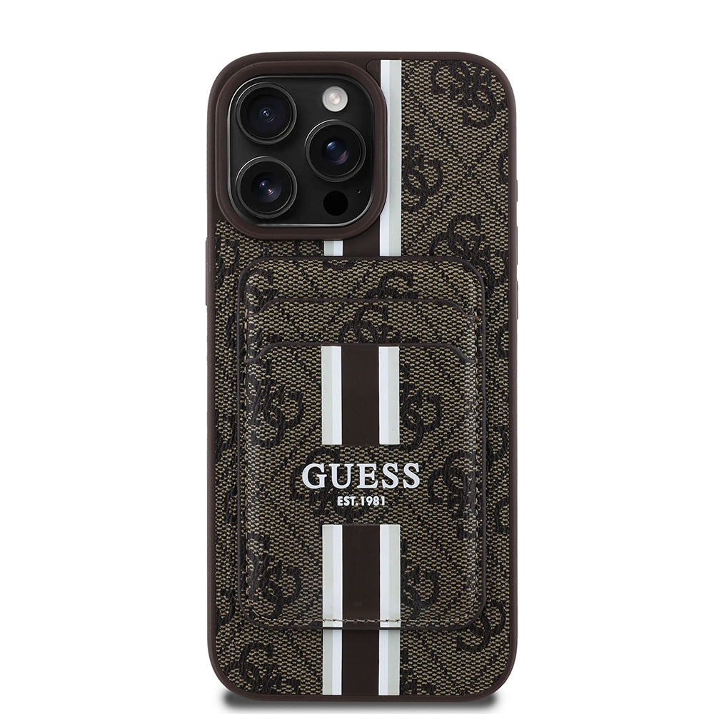 Guess iPhone 15 Pro Max Orjinal Lisanslı M-safe 4G Desenli Çizgili Kartlıklı Kılıf