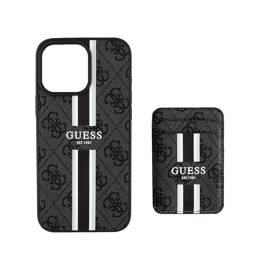 Guess iPhone 15 Pro Max Orjinal Lisanslı M-safe 4G Desenli Çizgili Kartlıklı Kılıf