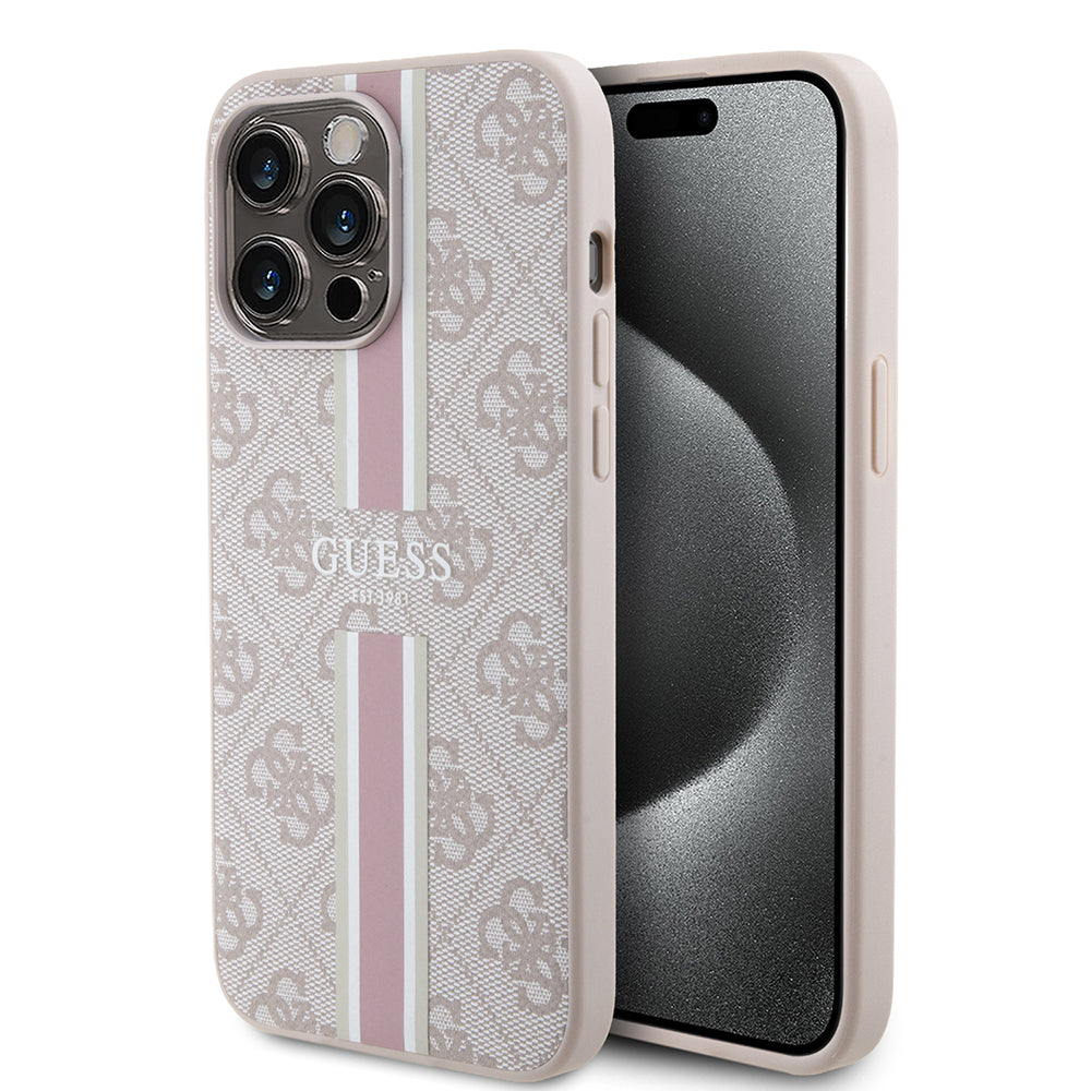 Guess iPhone 15 Pro Max Orjinal Lisanslı M-safe Şarj Özellikli 4G Şerit Tasarımlı Printed Kılıf