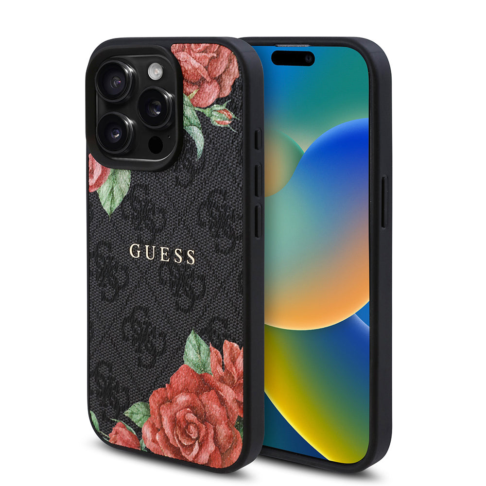 Guess iPhone 15 Pro Max Orjinal Lisanslı M-safe Şarj Özellikli Gül Baskılı 4G Desenli Yazı Logolu Kılıf