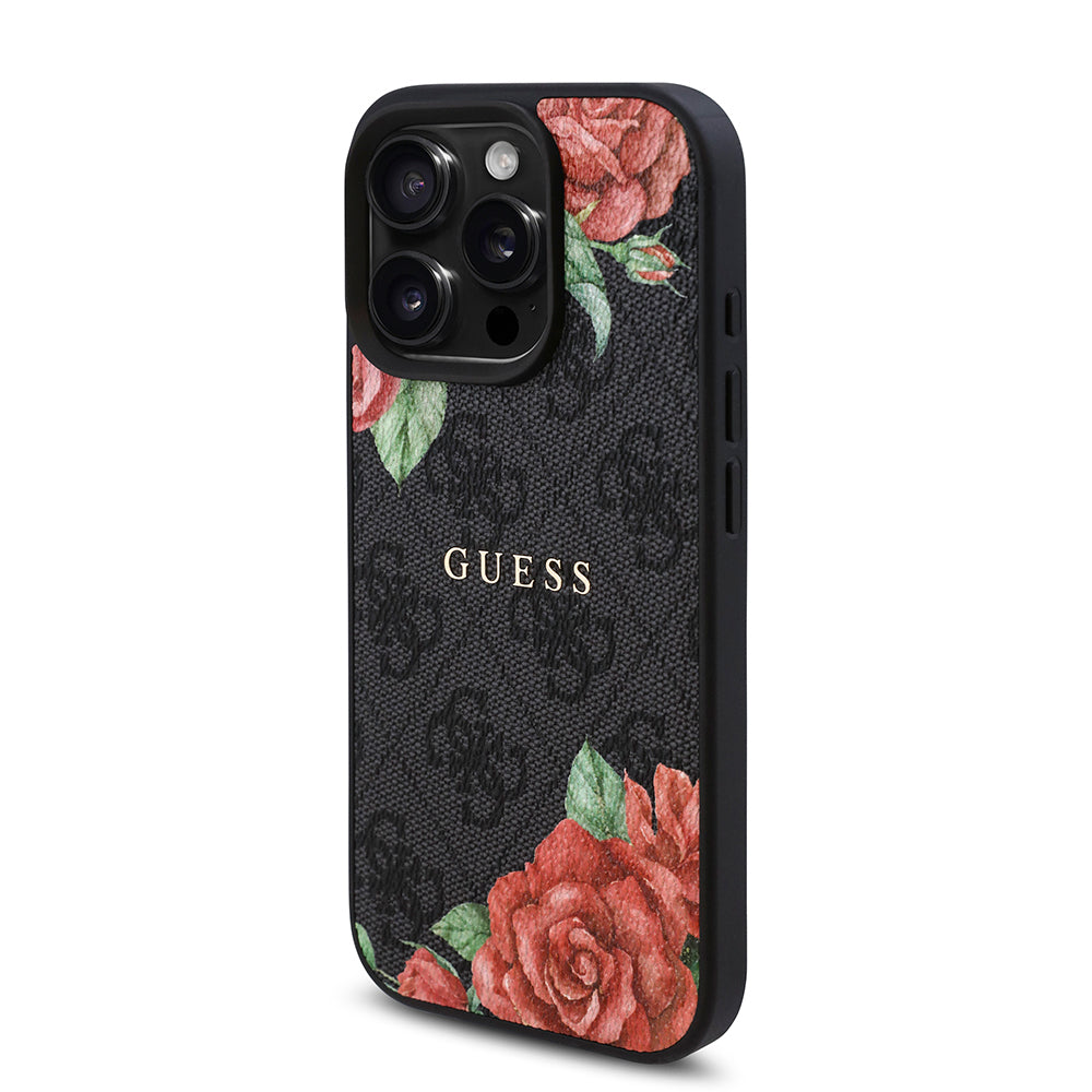 Guess iPhone 15 Pro Max Orjinal Lisanslı M-safe Şarj Özellikli Gül Baskılı 4G Desenli Yazı Logolu Kılıf