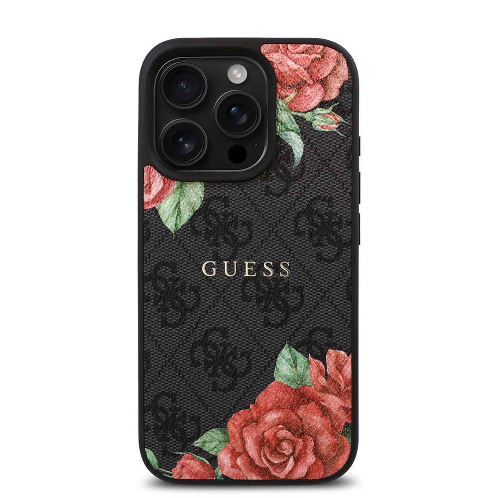 Guess iPhone 15 Pro Max Orjinal Lisanslı M-safe Şarj Özellikli Gül Baskılı 4G Desenli Yazı Logolu Kılıf