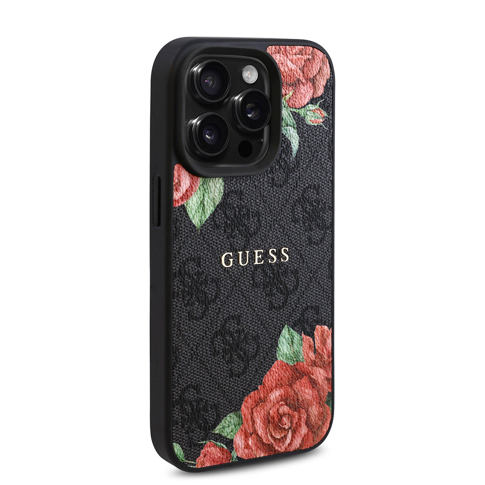 Guess iPhone 15 Pro Max Orjinal Lisanslı M-safe Şarj Özellikli Gül Baskılı 4G Desenli Yazı Logolu Kılıf