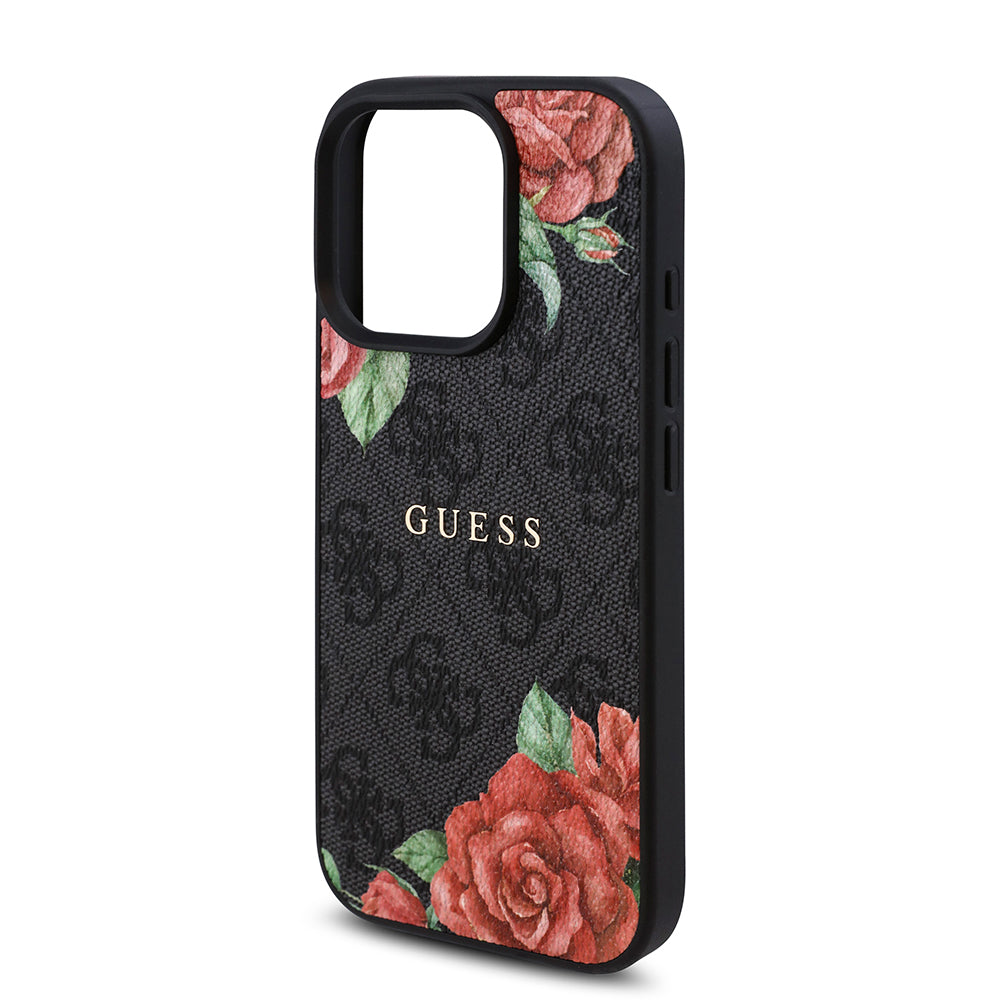 Guess iPhone 15 Pro Max Orjinal Lisanslı M-safe Şarj Özellikli Gül Baskılı 4G Desenli Yazı Logolu Kılıf