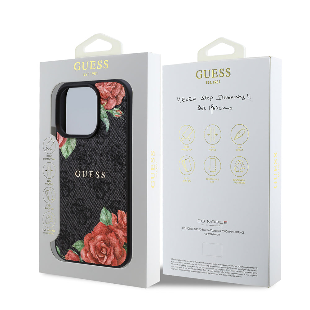 Guess iPhone 15 Pro Max Orjinal Lisanslı M-safe Şarj Özellikli Gül Baskılı 4G Desenli Yazı Logolu Kılıf