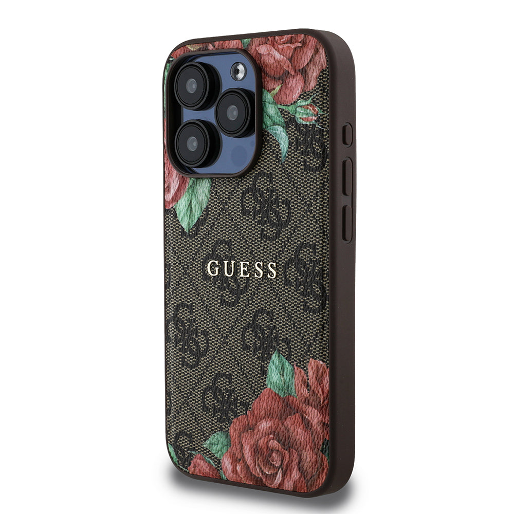 Guess iPhone 15 Pro Max Orjinal Lisanslı M-safe Şarj Özellikli Gül Baskılı 4G Desenli Yazı Logolu Kılıf