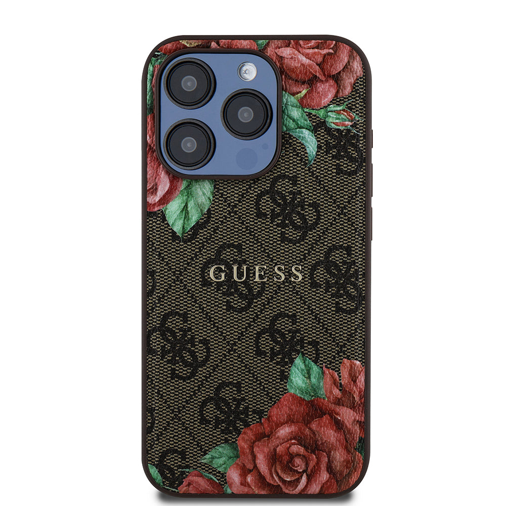 Guess iPhone 15 Pro Max Orjinal Lisanslı M-safe Şarj Özellikli Gül Baskılı 4G Desenli Yazı Logolu Kılıf