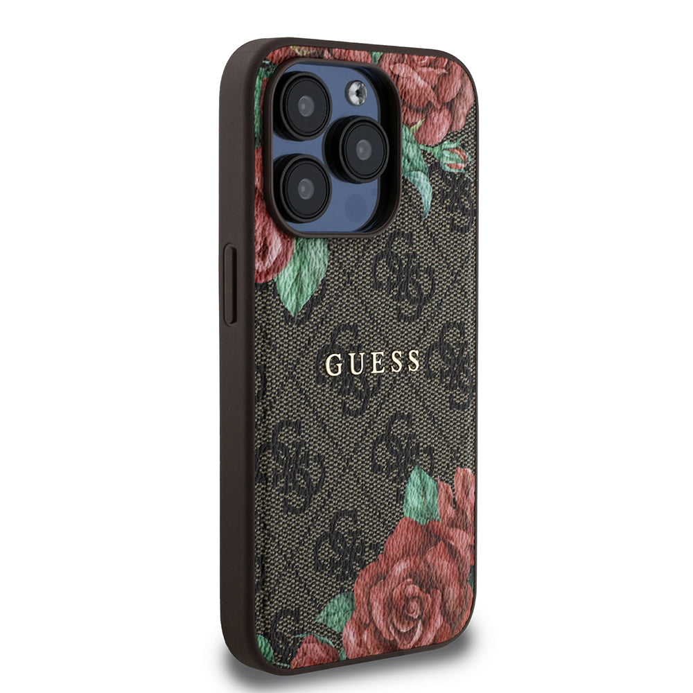 Guess iPhone 15 Pro Max Orjinal Lisanslı M-safe Şarj Özellikli Gül Baskılı 4G Desenli Yazı Logolu Kılıf