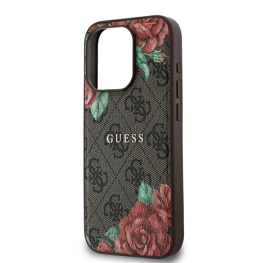Guess iPhone 15 Pro Max Orjinal Lisanslı M-safe Şarj Özellikli Gül Baskılı 4G Desenli Yazı Logolu Kılıf