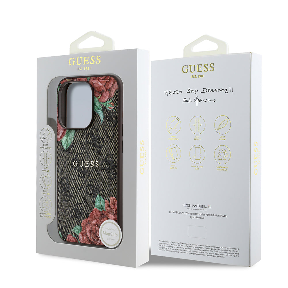 Guess iPhone 15 Pro Max Orjinal Lisanslı M-safe Şarj Özellikli Gül Baskılı 4G Desenli Yazı Logolu Kılıf