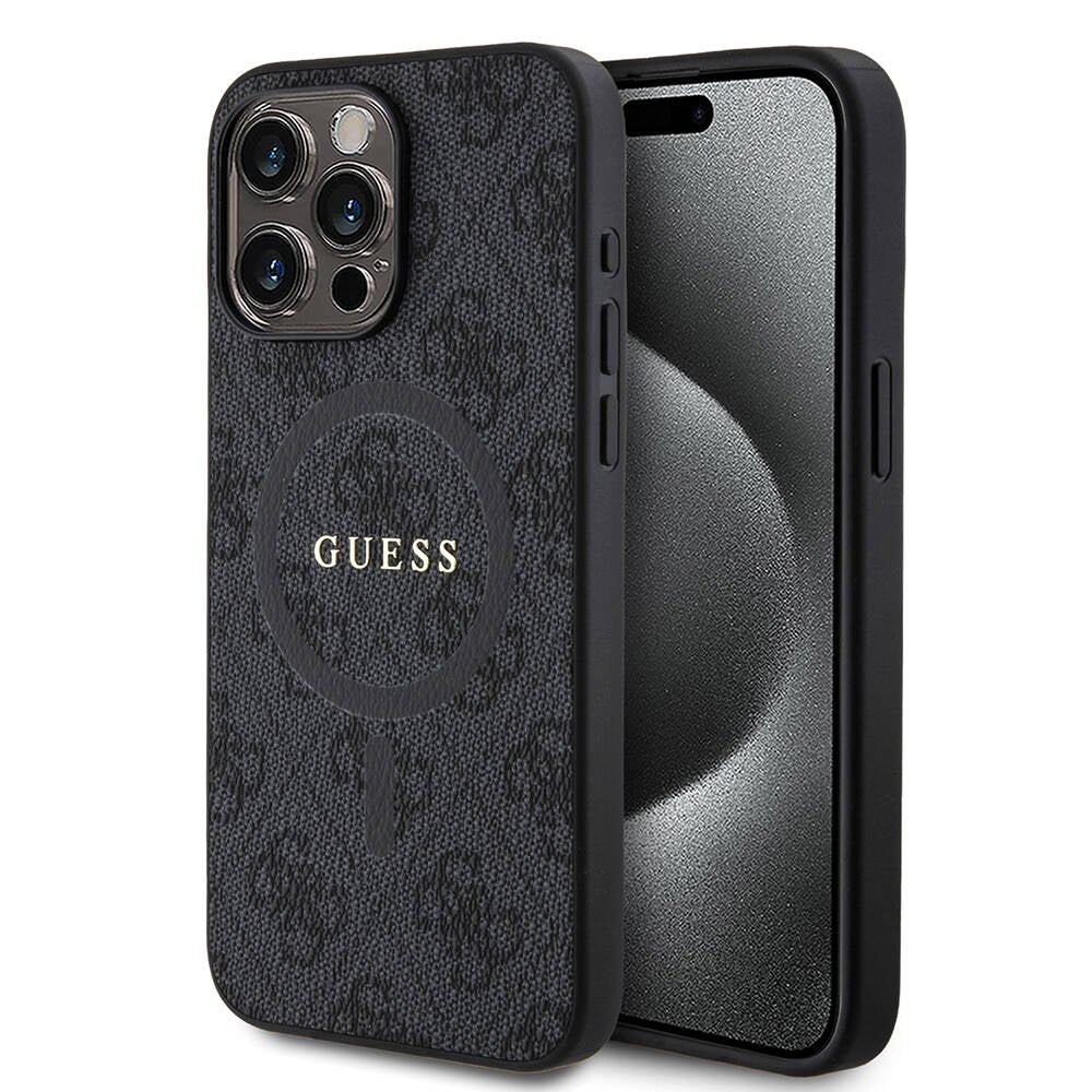 Guess iPhone 15 Pro Max Orjinal Lisanslı M-safe Şarj Özellikli PU Halkalı 4G Desenli Yazı Logolu Kılıf