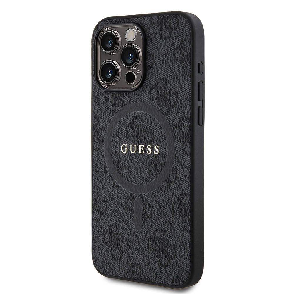 Guess iPhone 15 Pro Max Orjinal Lisanslı M-safe Şarj Özellikli PU Halkalı 4G Desenli Yazı Logolu Kılıf