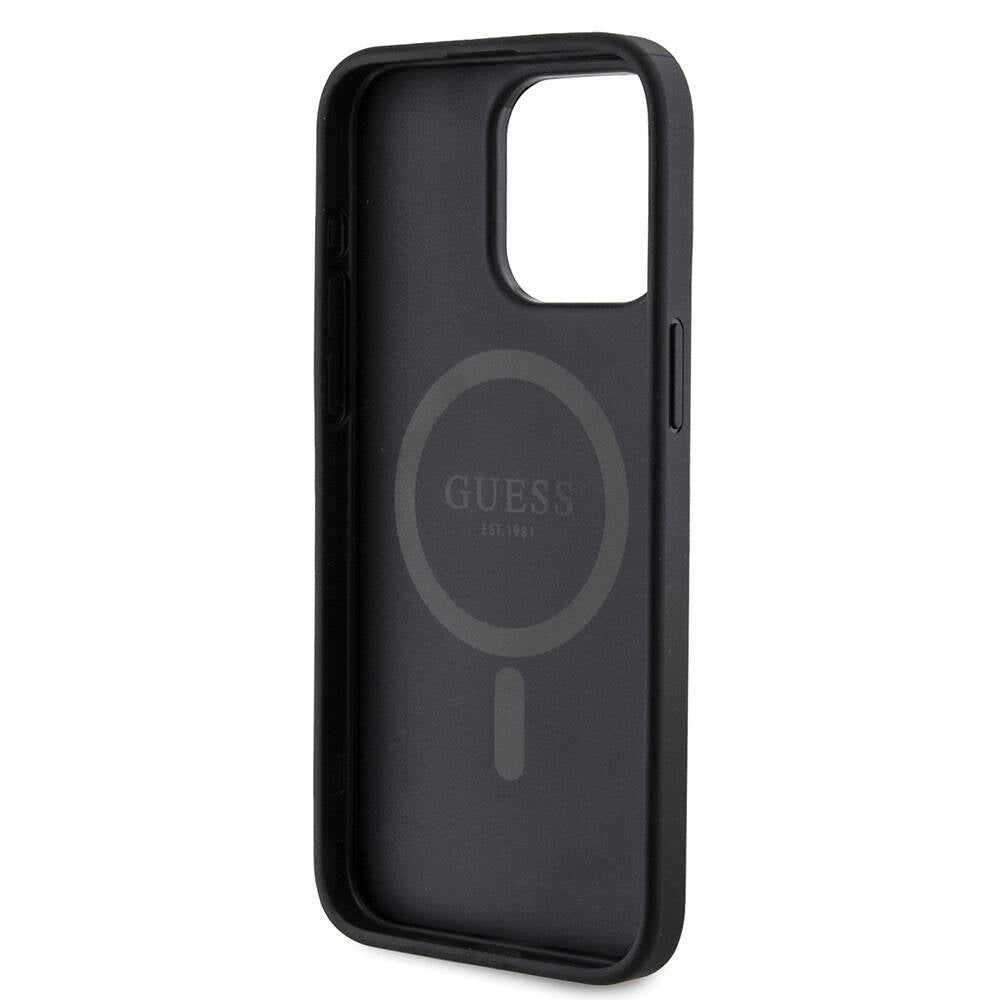 Guess iPhone 15 Pro Max Orjinal Lisanslı M-safe Şarj Özellikli PU Halkalı 4G Desenli Yazı Logolu Kılıf