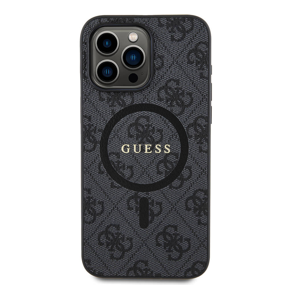 Guess iPhone 15 Pro Max Orjinal Lisanslı M-safe Şarj Özellikli PU Halkalı 4G Desenli Yazı Logolu Kılıf