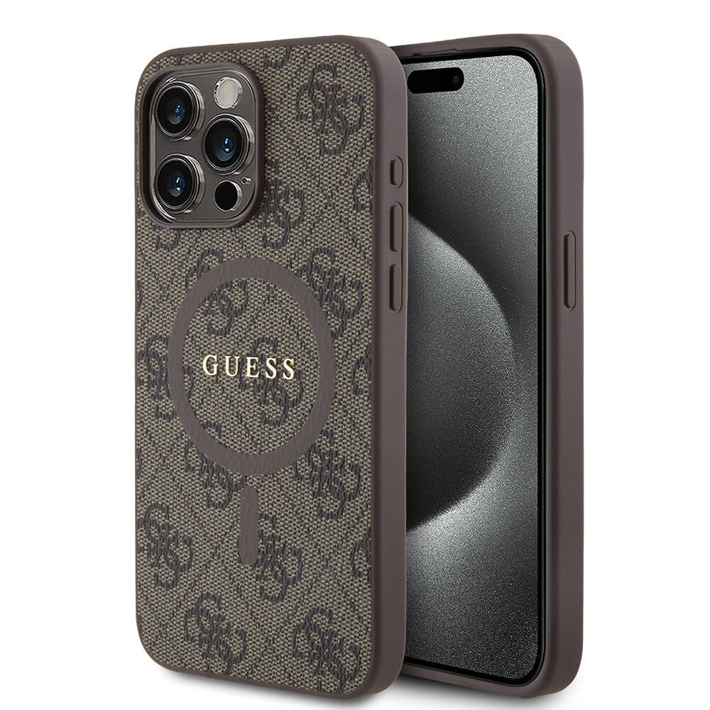 Guess iPhone 15 Pro Max Orjinal Lisanslı M-safe Şarj Özellikli PU Halkalı 4G Desenli Yazı Logolu Kılıf