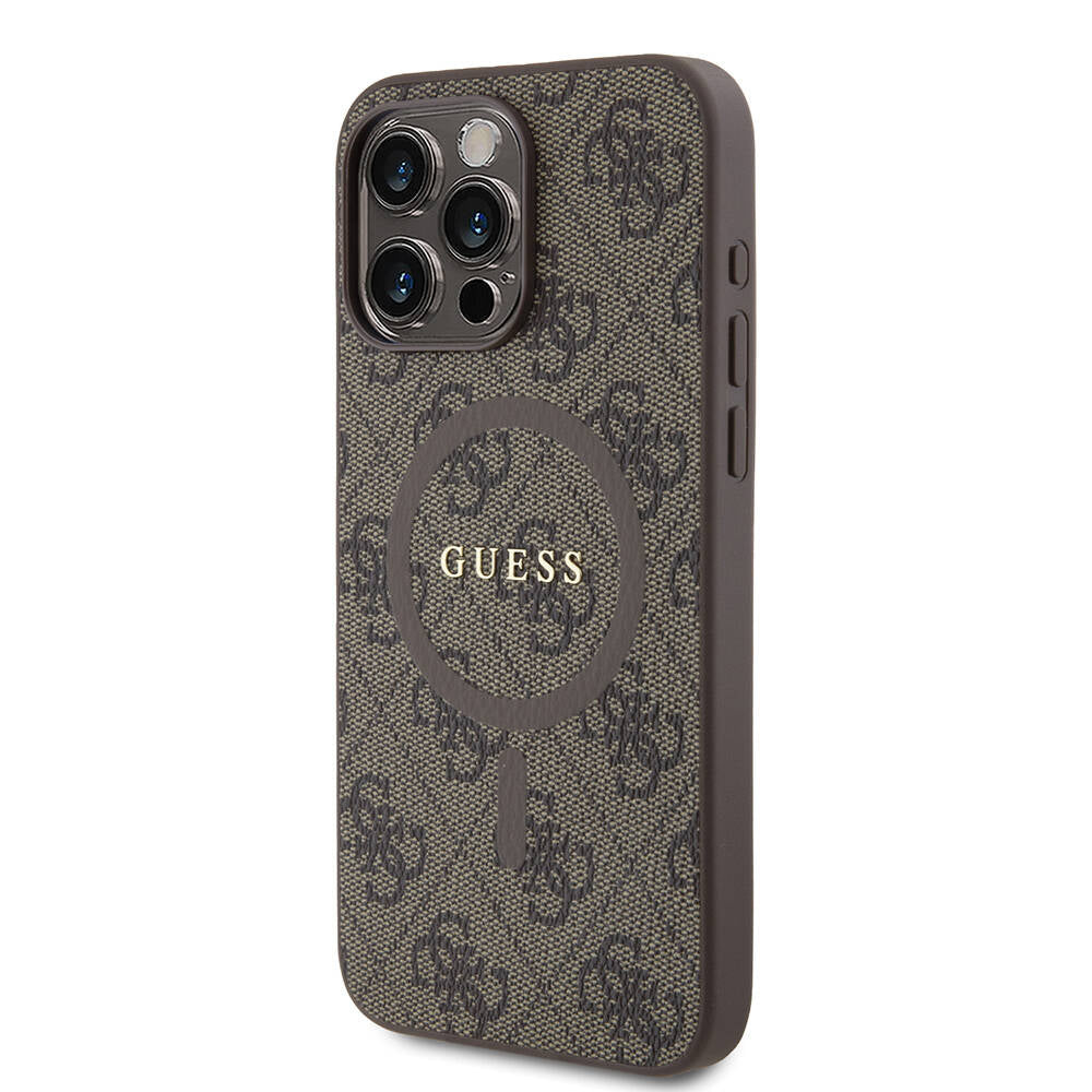 Guess iPhone 15 Pro Max Orjinal Lisanslı M-safe Şarj Özellikli PU Halkalı 4G Desenli Yazı Logolu Kılıf