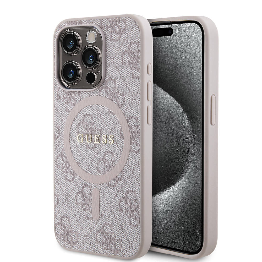 Guess iPhone 15 Pro Max Orjinal Lisanslı M-safe Şarj Özellikli PU Halkalı 4G Desenli Yazı Logolu Kılıf