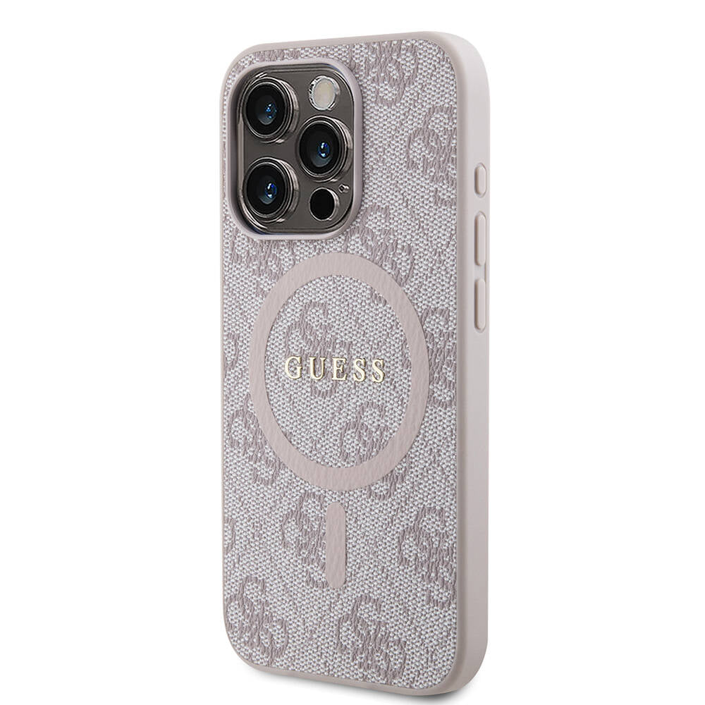 Guess iPhone 15 Pro Max Orjinal Lisanslı M-safe Şarj Özellikli PU Halkalı 4G Desenli Yazı Logolu Kılıf