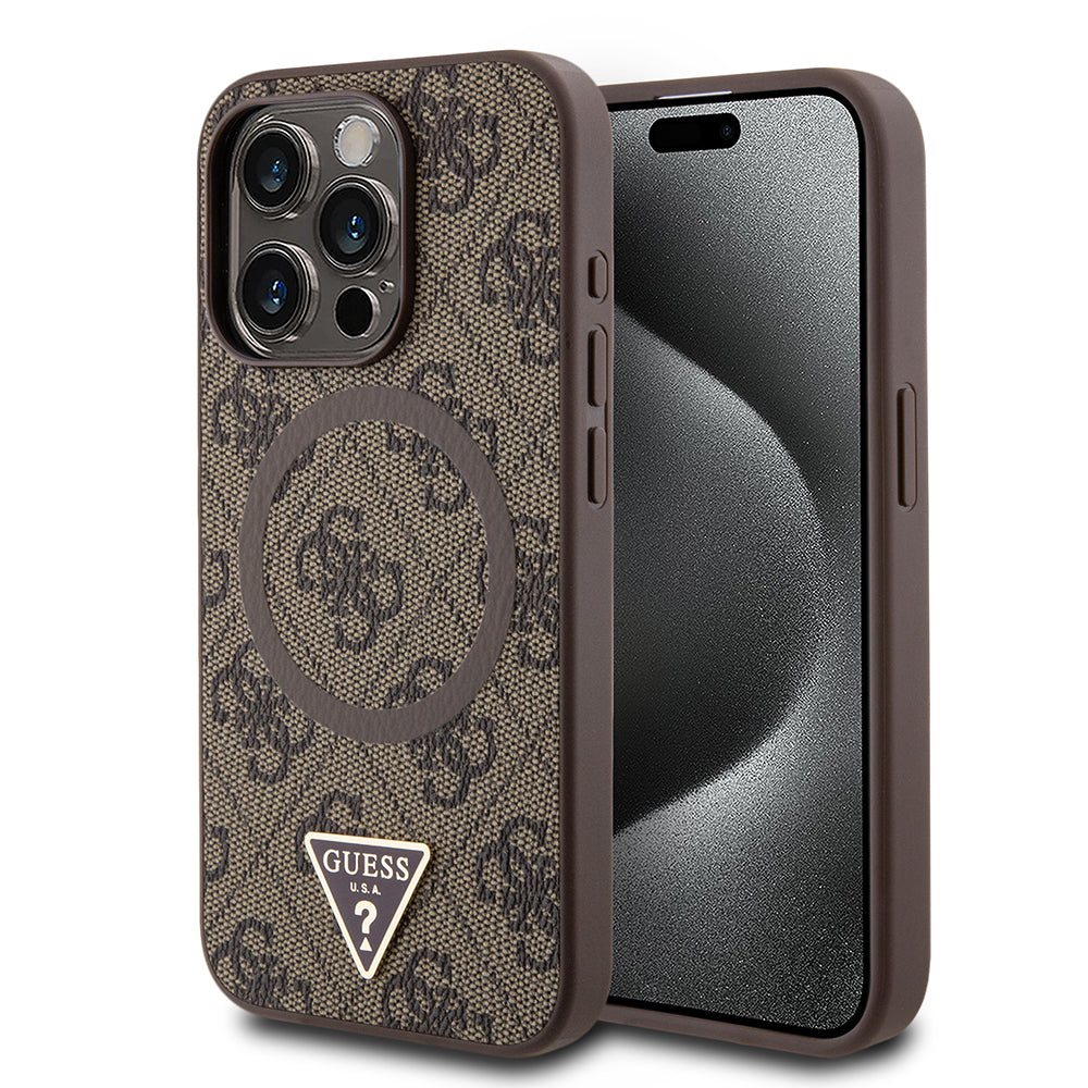 Guess iPhone 15 Pro Max Orjinal Lisanslı M-safe Şarj Özellikli PU Üçgen Logo 4G Desenli Kılıf