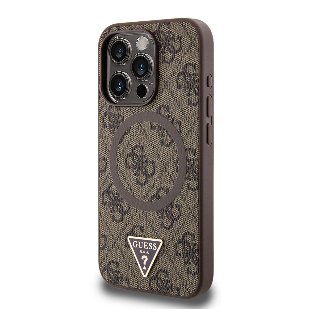 Guess iPhone 15 Pro Max Orjinal Lisanslı M-safe Şarj Özellikli PU Üçgen Logo 4G Desenli Kılıf