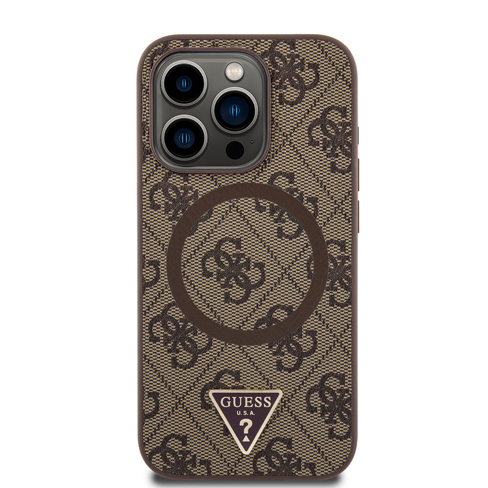 Guess iPhone 15 Pro Max Orjinal Lisanslı M-safe Şarj Özellikli PU Üçgen Logo 4G Desenli Kılıf