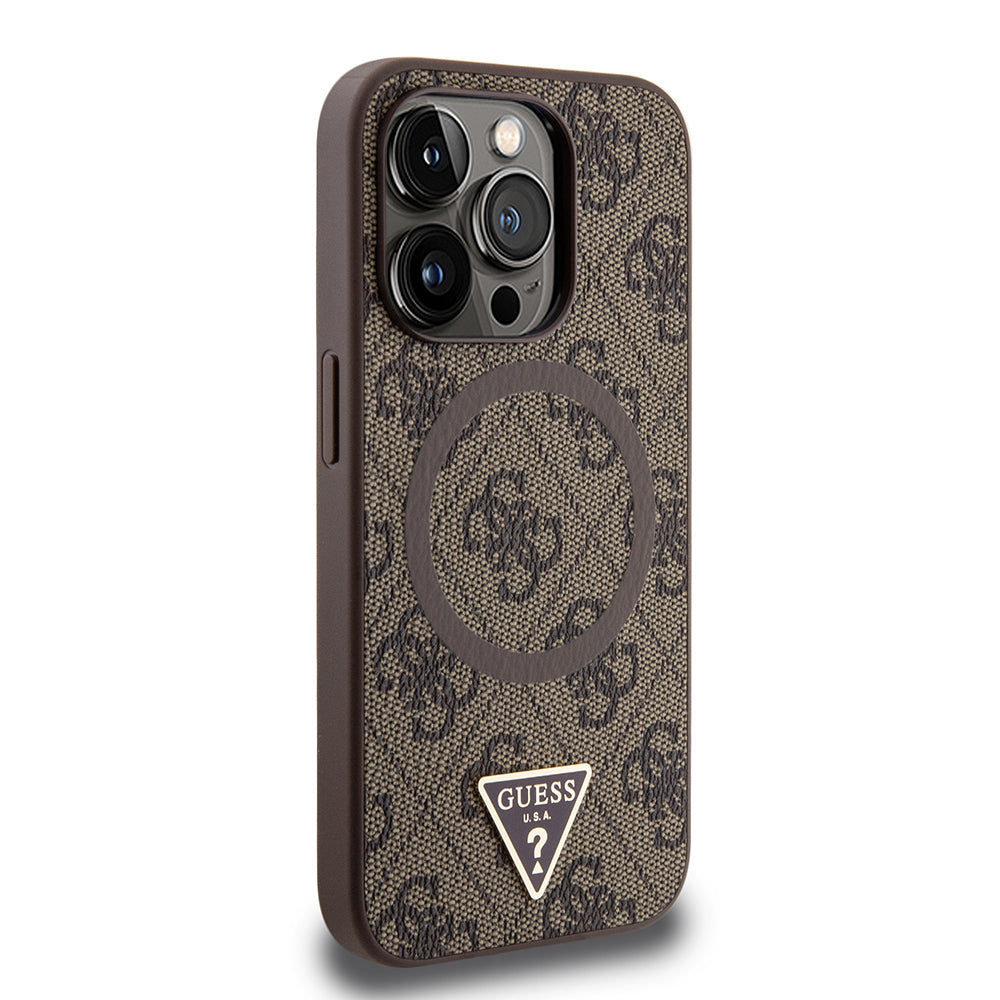 Guess iPhone 15 Pro Max Orjinal Lisanslı M-safe Şarj Özellikli PU Üçgen Logo 4G Desenli Kılıf