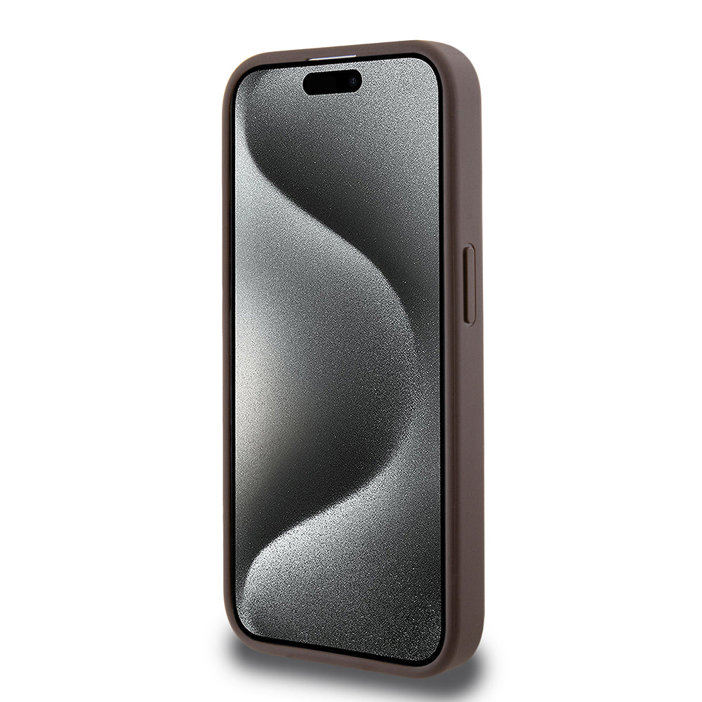 Guess iPhone 15 Pro Max Orjinal Lisanslı M-safe Şarj Özellikli PU Üçgen Logo 4G Desenli Kılıf
