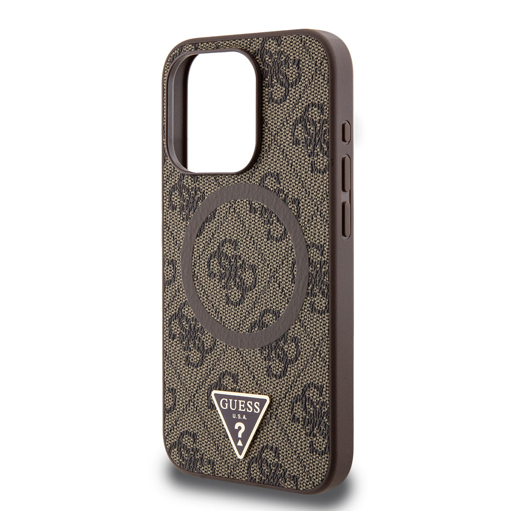 Guess iPhone 15 Pro Max Orjinal Lisanslı M-safe Şarj Özellikli PU Üçgen Logo 4G Desenli Kılıf
