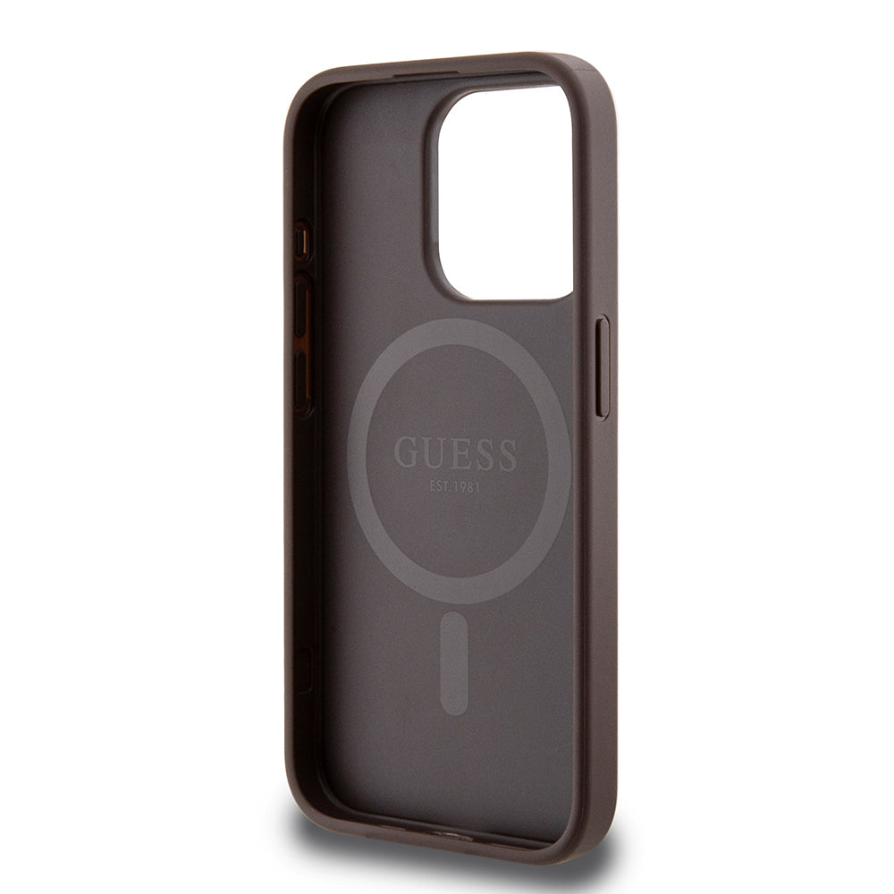 Guess iPhone 15 Pro Max Orjinal Lisanslı M-safe Şarj Özellikli PU Üçgen Logo 4G Desenli Kılıf