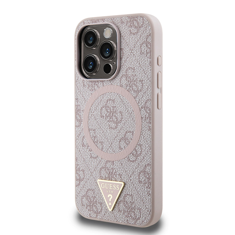 Guess iPhone 15 Pro Max Orjinal Lisanslı M-safe Şarj Özellikli PU Üçgen Logo 4G Desenli Kılıf