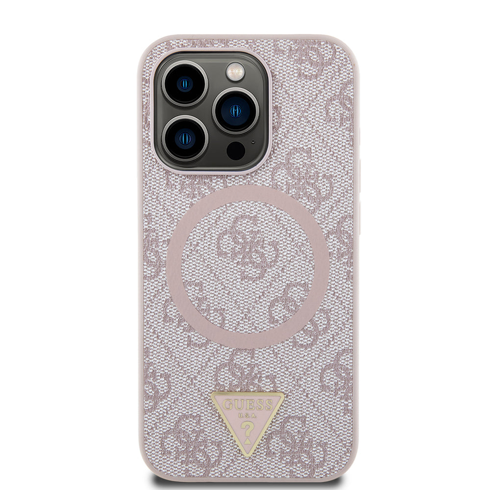 Guess iPhone 15 Pro Max Orjinal Lisanslı M-safe Şarj Özellikli PU Üçgen Logo 4G Desenli Kılıf