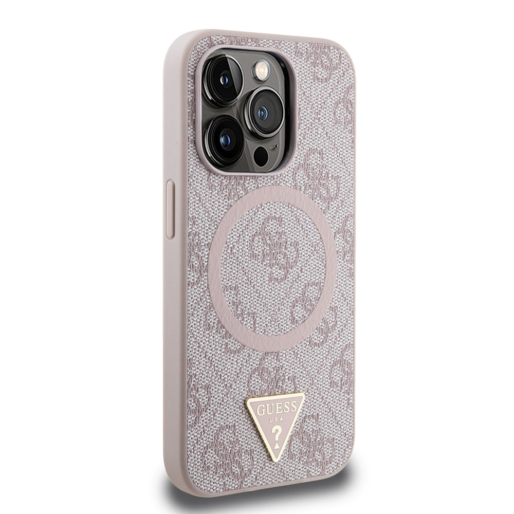 Guess iPhone 15 Pro Max Orjinal Lisanslı M-safe Şarj Özellikli PU Üçgen Logo 4G Desenli Kılıf
