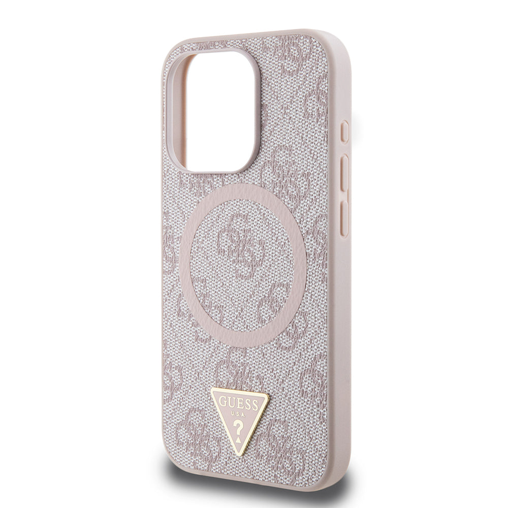 Guess iPhone 15 Pro Max Orjinal Lisanslı M-safe Şarj Özellikli PU Üçgen Logo 4G Desenli Kılıf