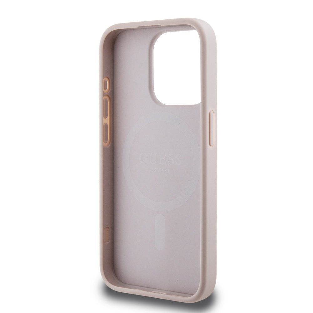 Guess iPhone 15 Pro Max Orjinal Lisanslı M-safe Şarj Özellikli PU Üçgen Logo 4G Desenli Kılıf