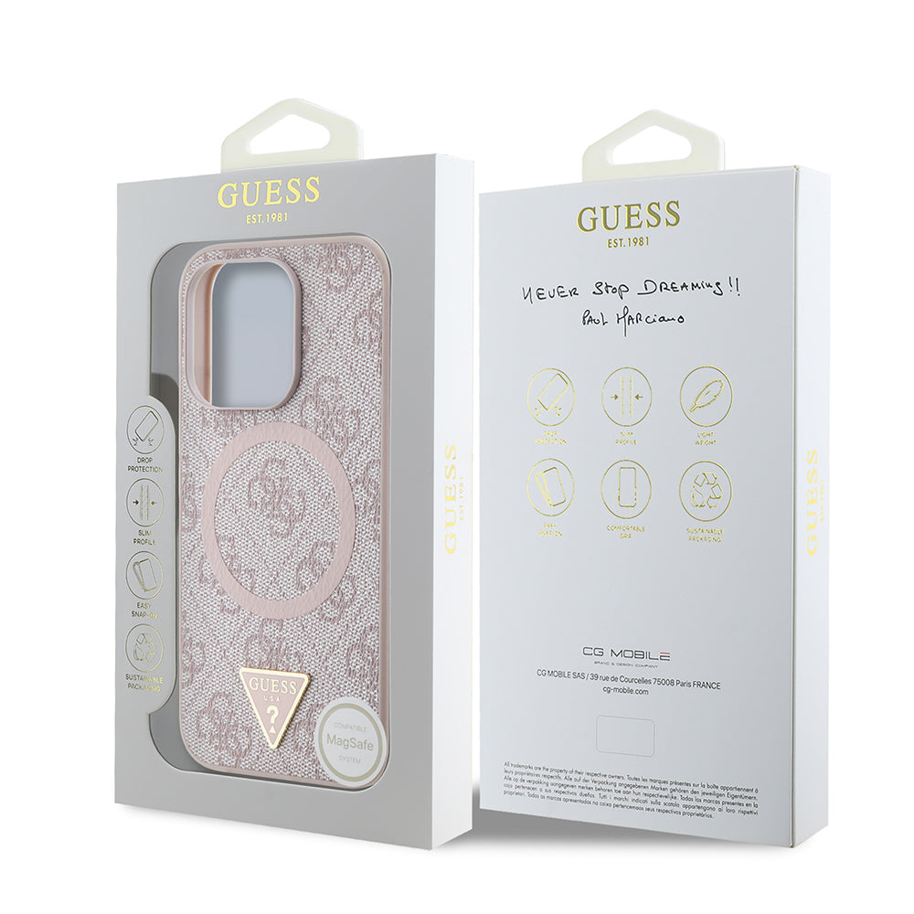 Guess iPhone 15 Pro Max Orjinal Lisanslı M-safe Şarj Özellikli PU Üçgen Logo 4G Desenli Kılıf