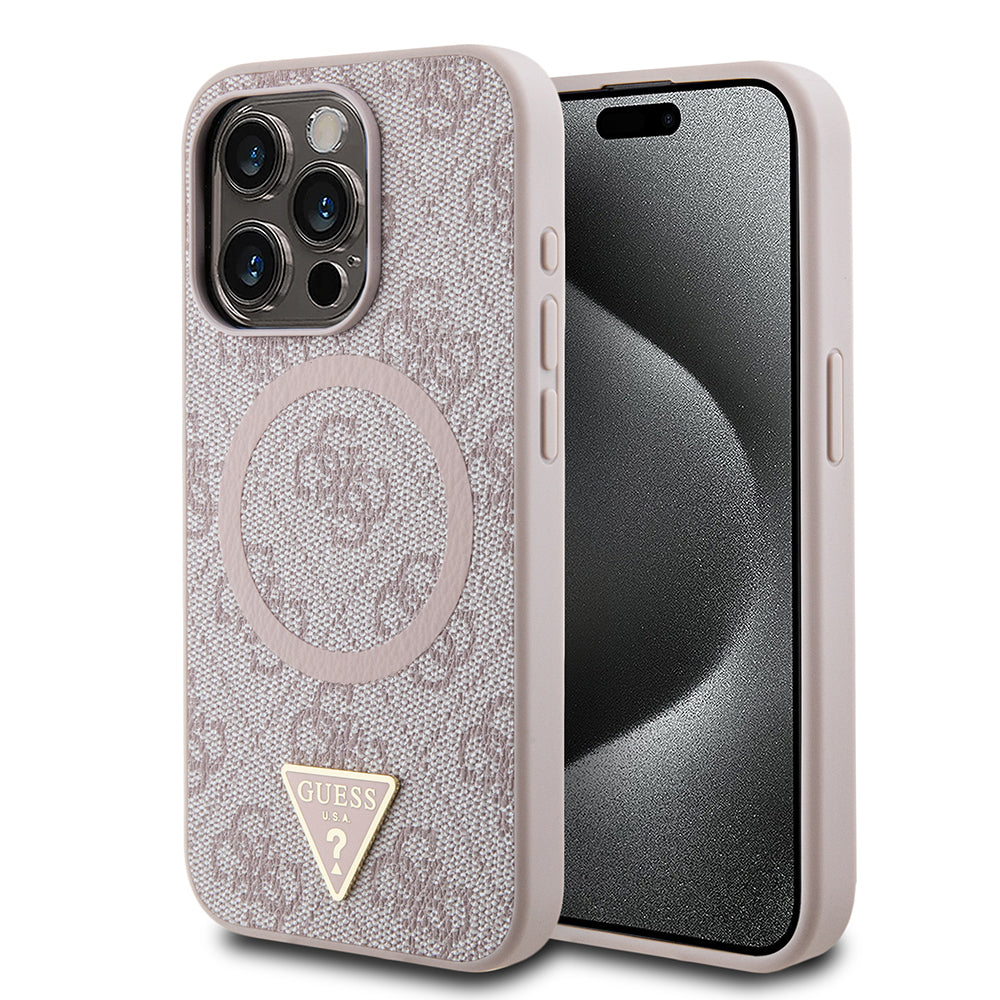 Guess iPhone 15 Pro Max Orjinal Lisanslı M-safe Şarj Özellikli PU Üçgen Logo 4G Desenli Kılıf