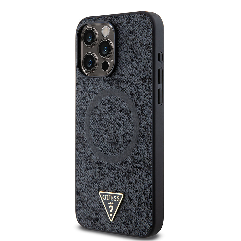 Guess iPhone 15 Pro Max Orjinal Lisanslı M-safe Şarj Özellikli PU Üçgen Logo 4G Desenli Kılıf
