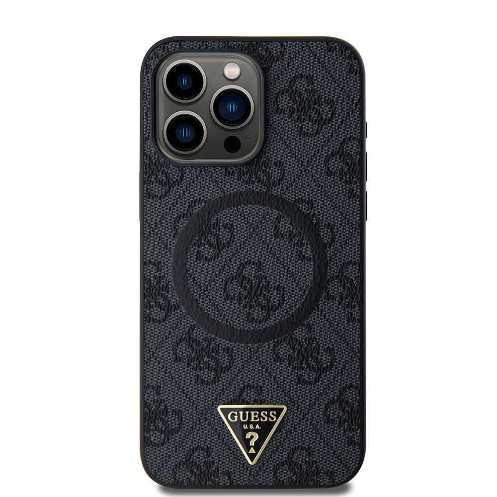 Guess iPhone 15 Pro Max Orjinal Lisanslı M-safe Şarj Özellikli PU Üçgen Logo 4G Desenli Kılıf