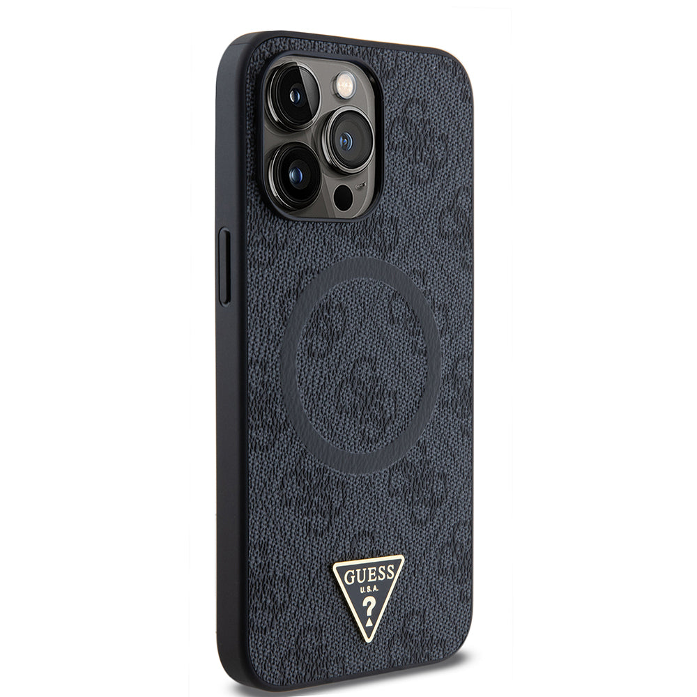 Guess iPhone 15 Pro Max Orjinal Lisanslı M-safe Şarj Özellikli PU Üçgen Logo 4G Desenli Kılıf