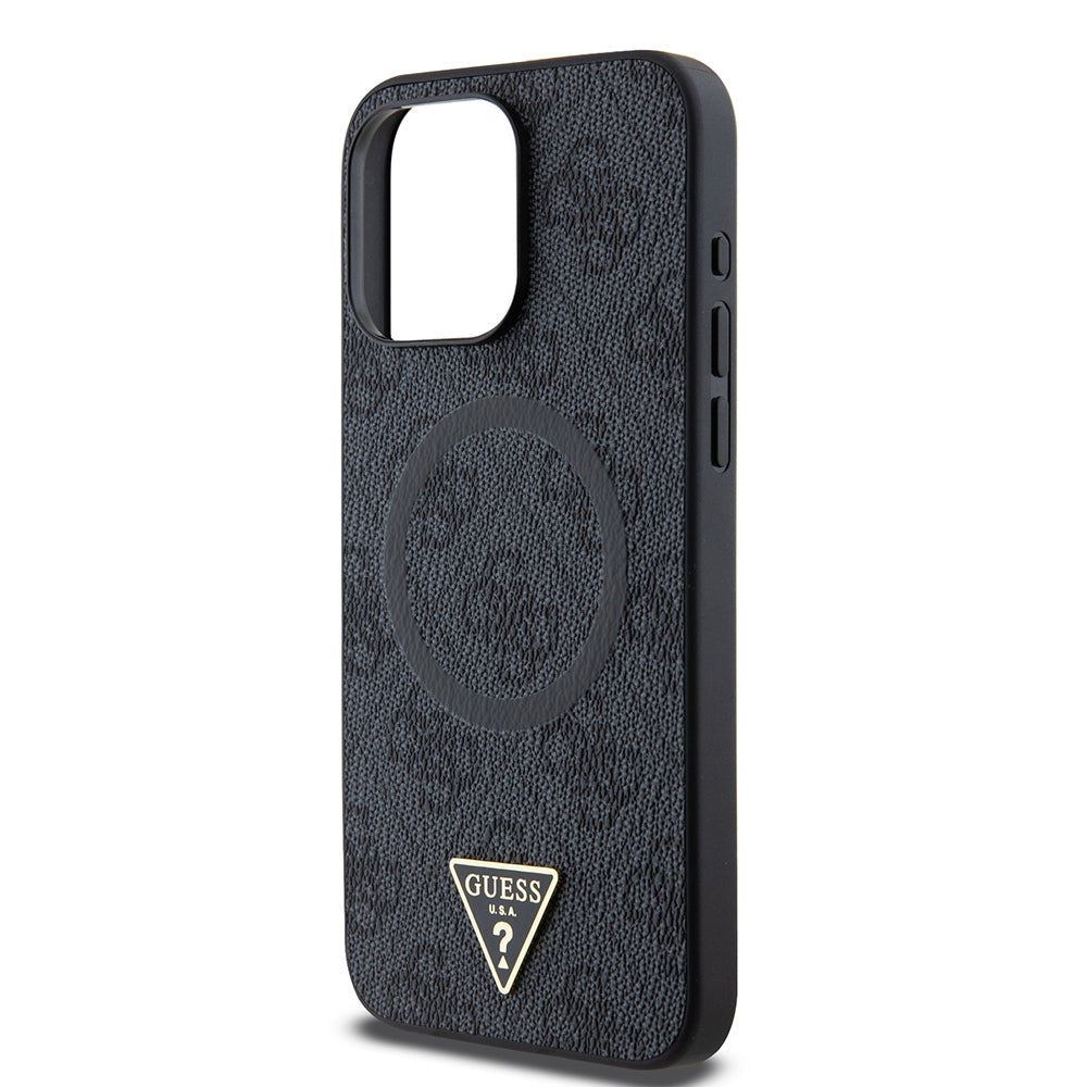 Guess iPhone 15 Pro Max Orjinal Lisanslı M-safe Şarj Özellikli PU Üçgen Logo 4G Desenli Kılıf