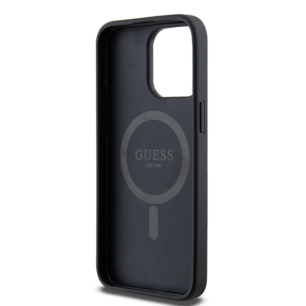 Guess iPhone 15 Pro Max Orjinal Lisanslı M-safe Şarj Özellikli PU Üçgen Logo 4G Desenli Kılıf