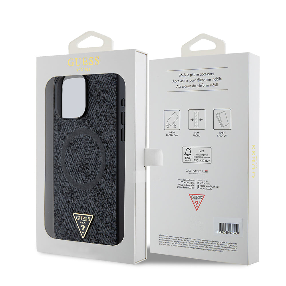 Guess iPhone 15 Pro Max Orjinal Lisanslı M-safe Şarj Özellikli PU Üçgen Logo 4G Desenli Kılıf